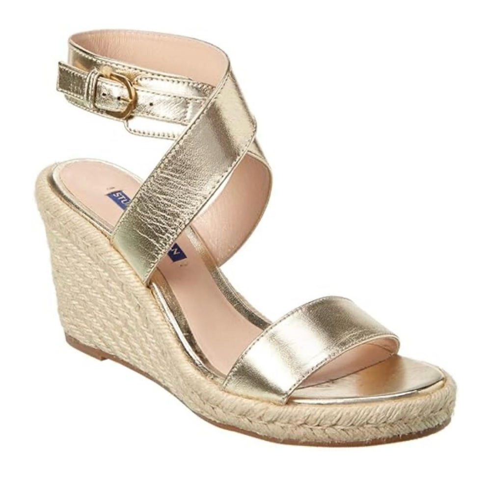 Stuart Weitzman Lexia Gold Espadrille Wedge Sandals - Picture 3 of 4